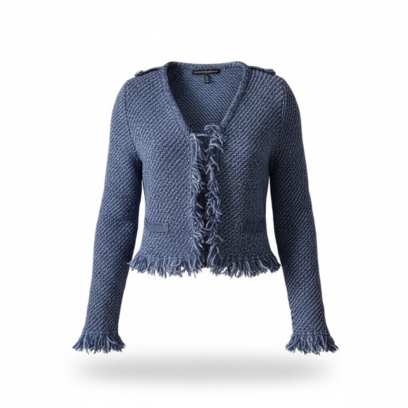 White House Black Market Sweaters - White House Black Market Blue Textured Fringe Knit Cardigan Jacket Blazer Size M